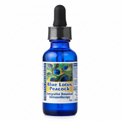 blue glass dropper bottle with black rubber lid and white label with blue text and peacock feather, Tibetan Pharmacy Blue Lotus Peacock, Integrative Botanical Immunotherapy, 1oz