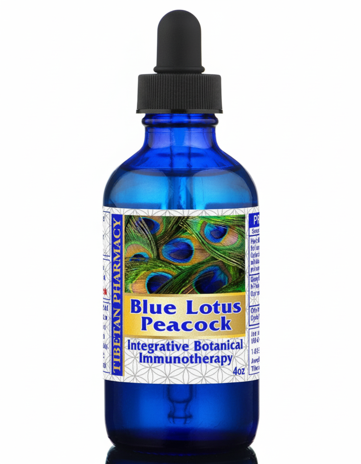 blue glass dropper bottle with black rubber lid and white label with blue text and peacock feather, Tibetan Pharmacy Blue Lotus Peacock, Integrative Botanical Immunotherapy, 4oz