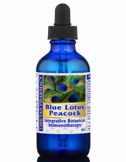 blue glass dropper bottle with black rubber lid and white label with blue text and peacock feather, Tibetan Pharmacy Blue Lotus Peacock, Integrative Botanical Immunotherapy, 4oz