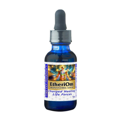 blue glass bottle of EtheriOm with a dropper on a white background