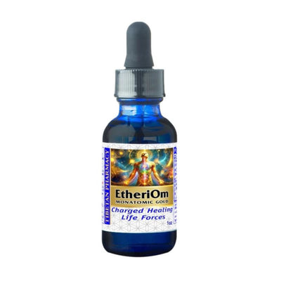 blue glass bottle of EtheriOm with a dropper on a white background