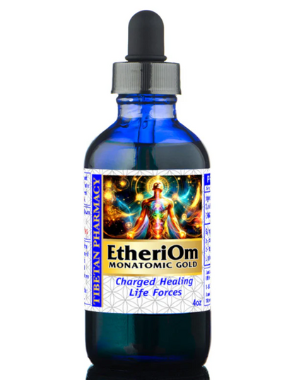 blue glass bottle of EtheriOm Monatomic Gold with a colorful label on a white background