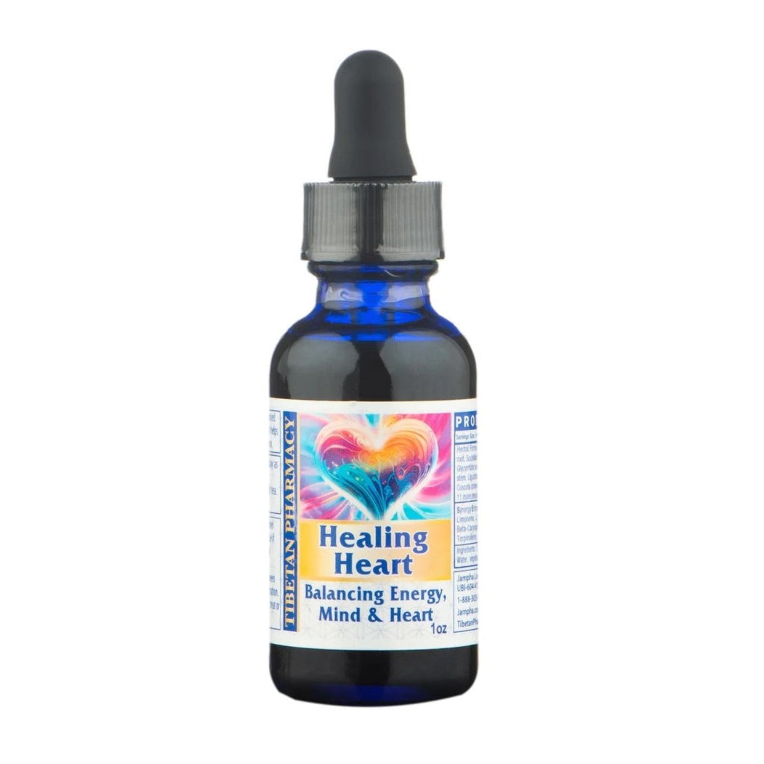 Bottle of 'Healing Heart Balancing Energy, MInd & Heart' with a colorful label on a white background