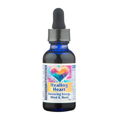 Bottle of 'Healing Heart Balancing Energy, MInd & Heart' with a colorful label on a white background