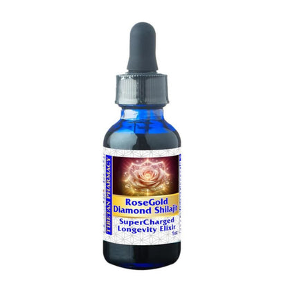 Bottle of RoseGold Diamond Shilajit with a dropper on a white background