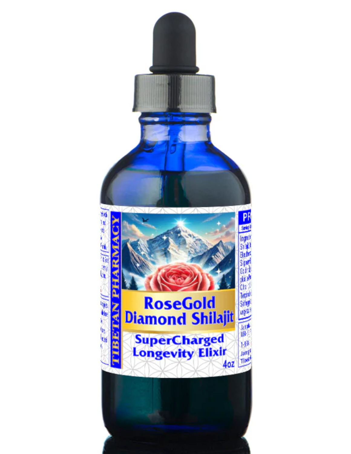 Bottle of RoseGold Diamond Shilajit with a mountain and rose design on the label against a white background.