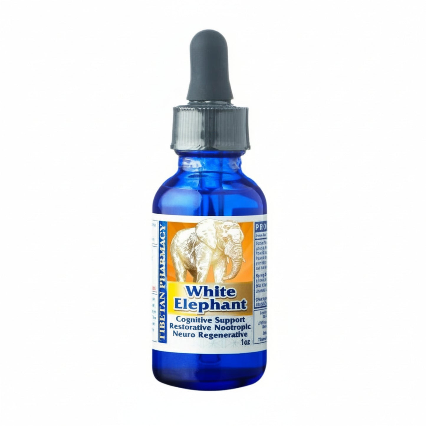 Bottle of White Elephant supplement with dropper on a white background
