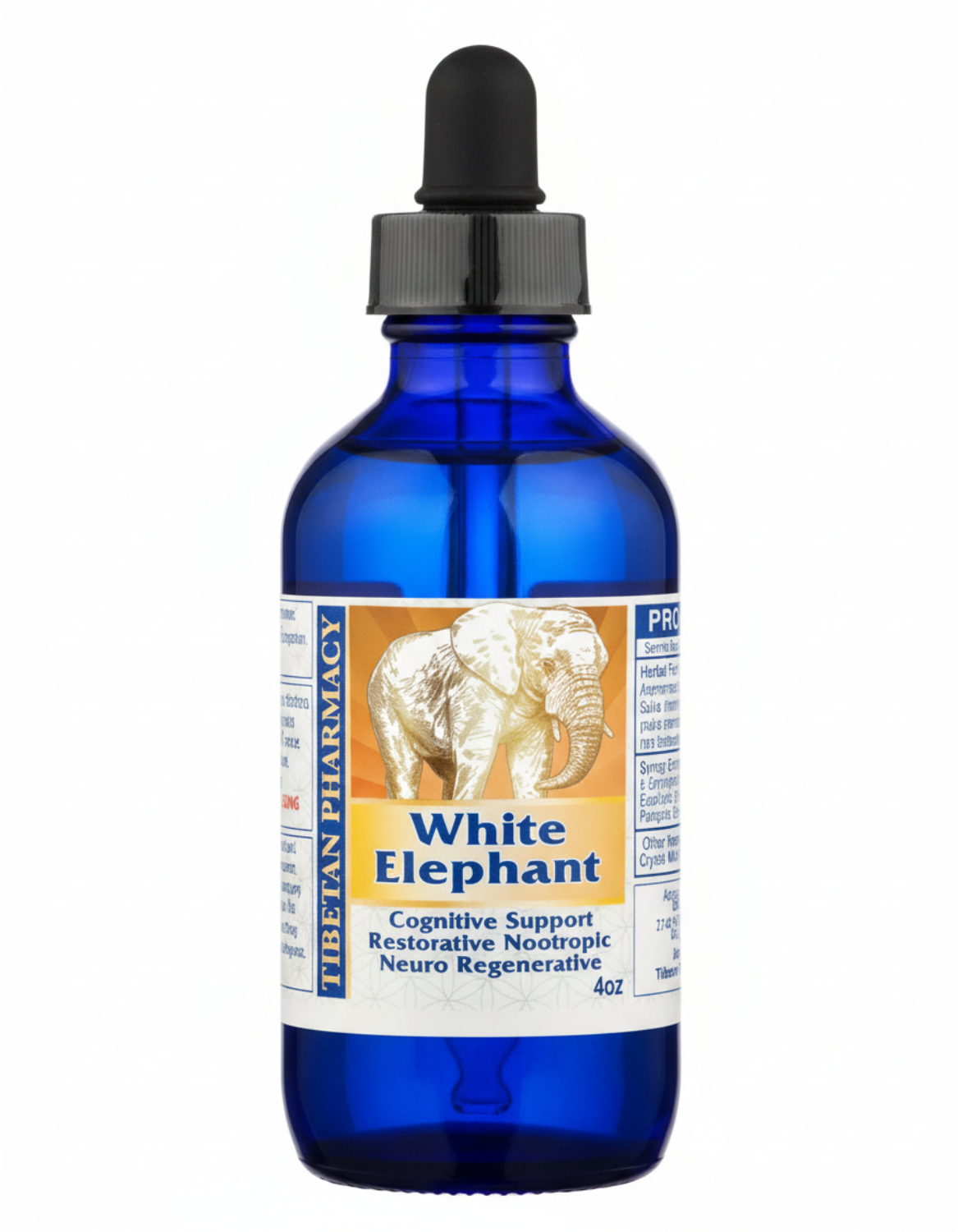Bottle of 'White Elephant' supplement with a dropper on a white background