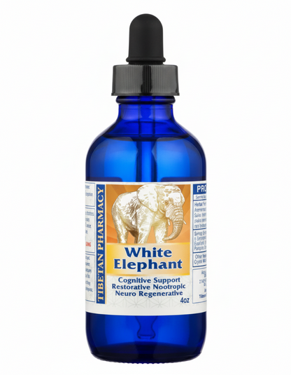 Bottle of 'White Elephant' supplement with a dropper on a white background