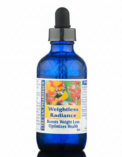 Bottle of 'Weightless Radiance' with a dropper on a white background