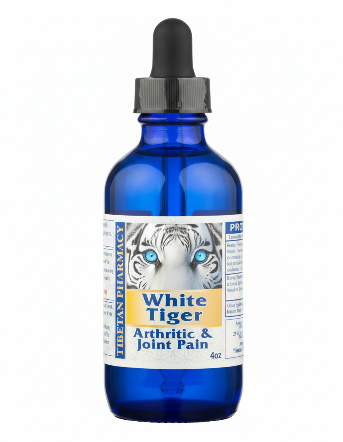 Bottle of White Tiger arthritic and joint pain supplement with a dropper on a white background