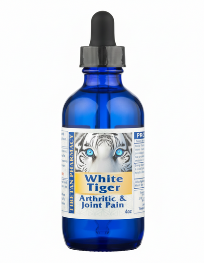 Bottle of White Tiger arthritic and joint pain supplement with a dropper on a white background