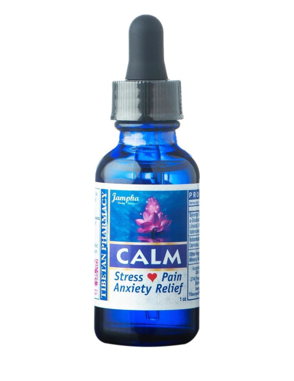 blue glass dropper bottle with black top, white and blue label, Jampha Tibetan Pharmacy, Calm, stress, pain, anxiety relief 1oz