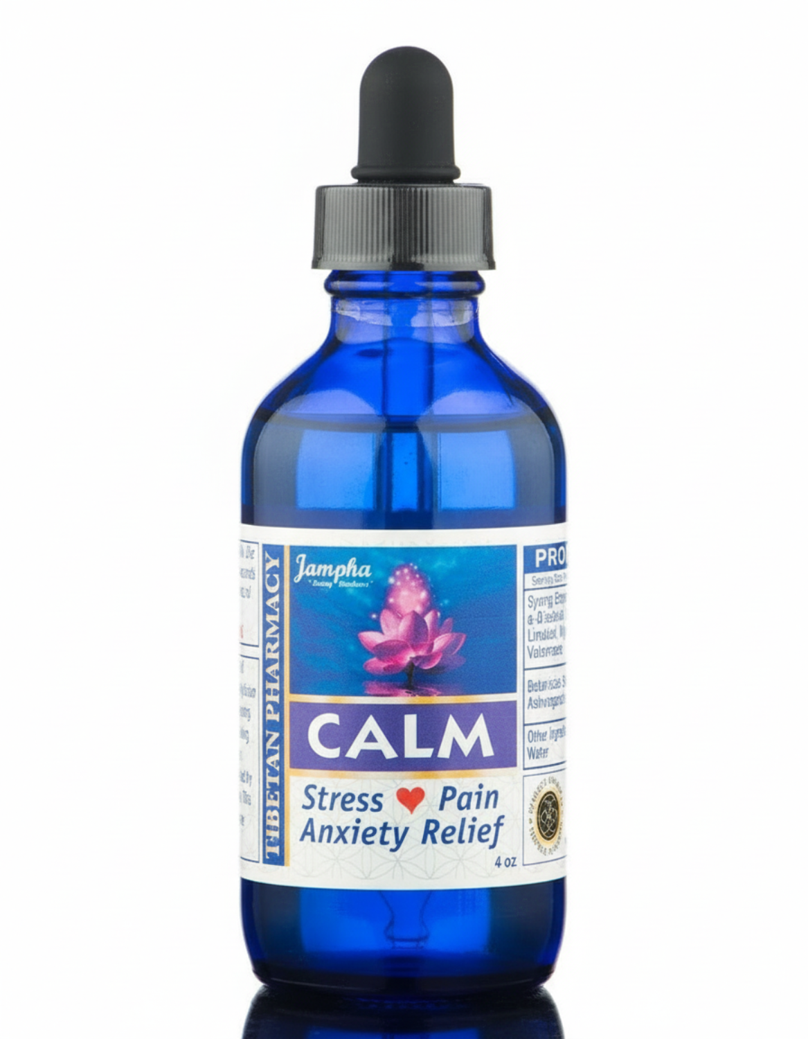 blue glass dropper bottle with black top, white and blue label, Jampha Tibetan Pharmacy, Calm, stress, pain, anxiety relief 4oz