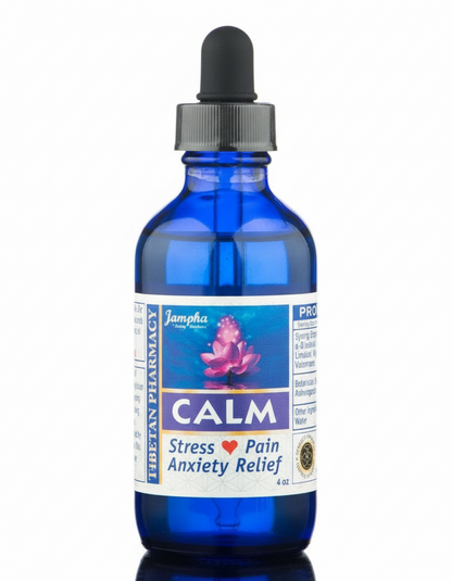 blue glass dropper bottle with black top, white and blue label, Jampha Tibetan Pharmacy, Calm, stress, pain, anxiety relief 4oz