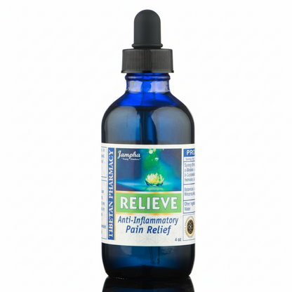 Blue glass bottle with a dropper labeled 'Relieve' on a white background