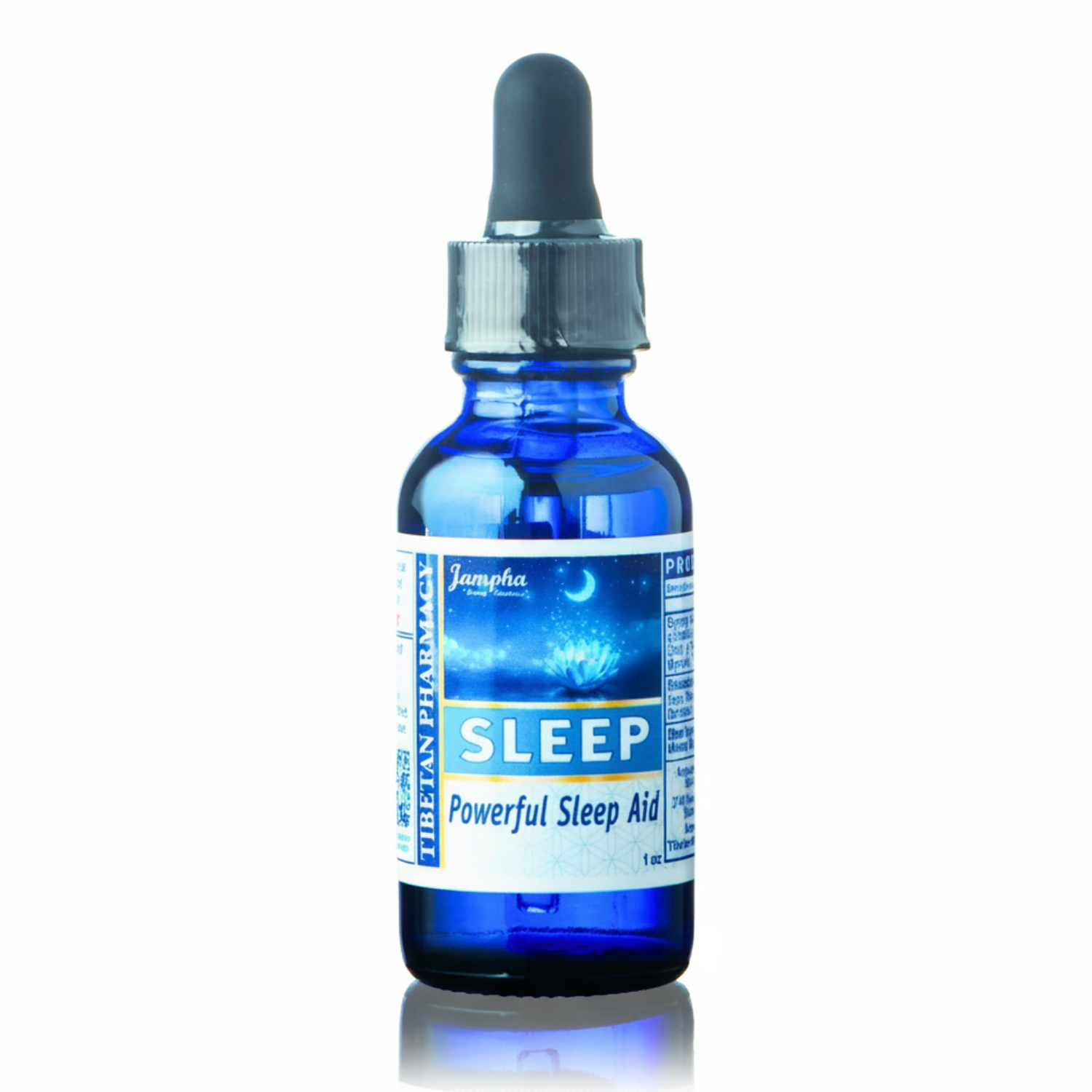 Blue bottle of sleep aid with a dropper on a white background