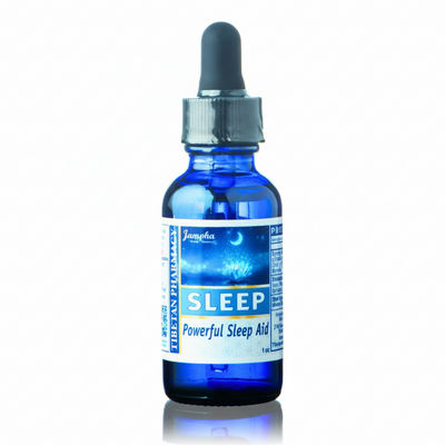 Blue bottle of sleep aid with a dropper on a white background