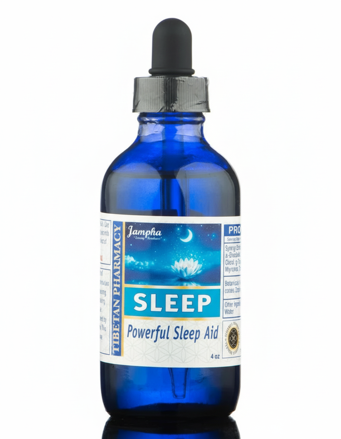 Blue glass bottle with a dropper labeled 'Sleep' on a white background