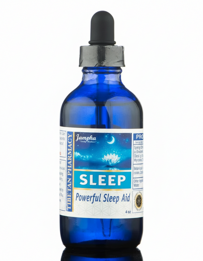 Blue glass bottle with a dropper labeled 'Sleep' on a white background
