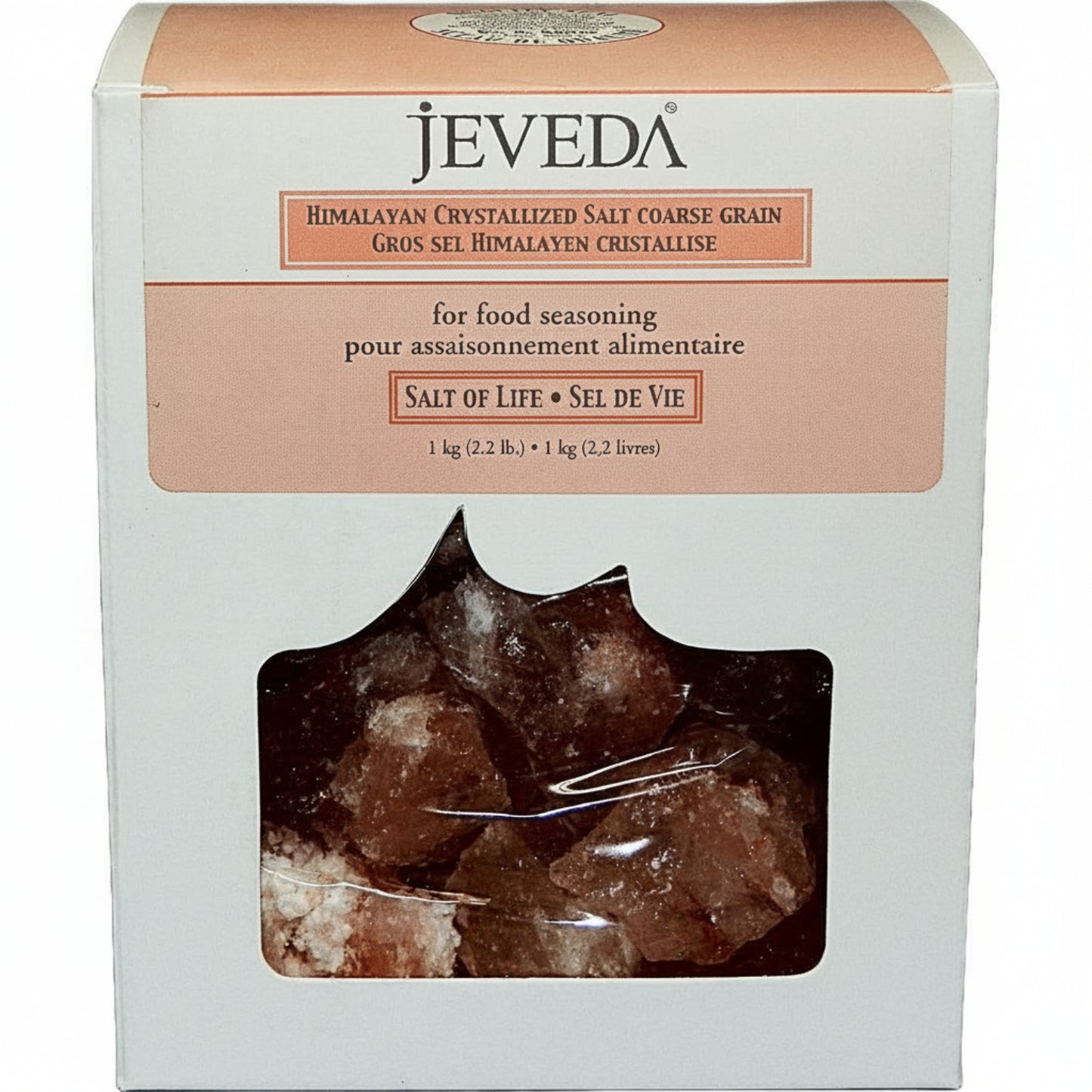 Jeveda Himalayan Crystallized Salt coarse grain packaging with clear window showing salt crystals.