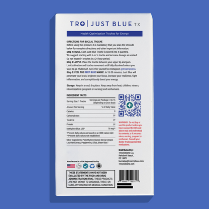 Just Blue product back packaging with dosage instructions and ingredient facts for energy optimization.