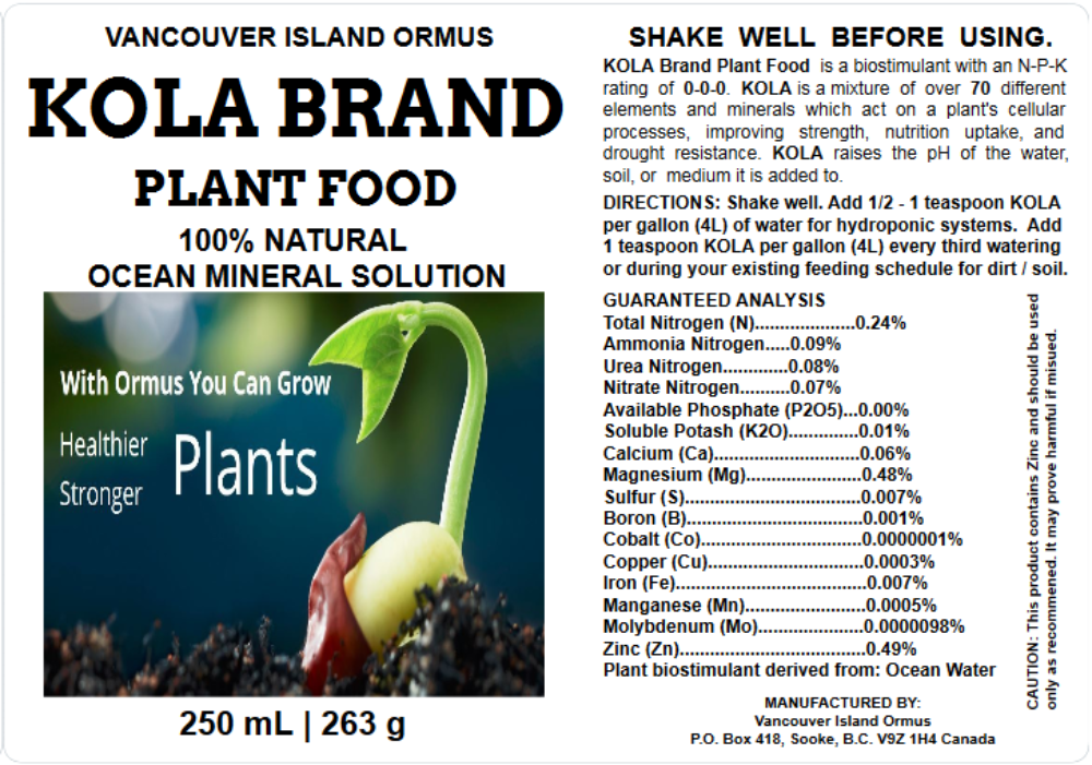 Kola Brand plant food label with a sprouting plant and text about plant health and mineral solution.