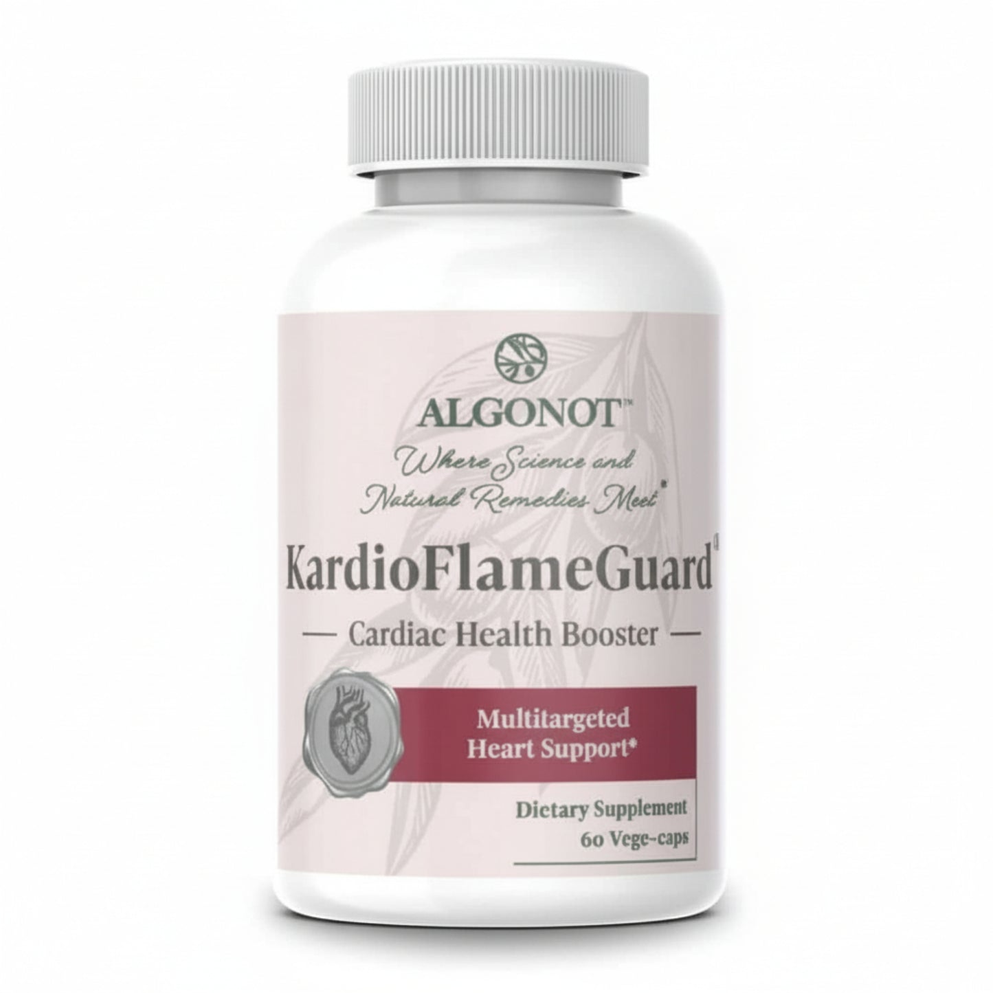 Supplement bottle labeled 'KardioFlameGuard' by Algonot on a white background