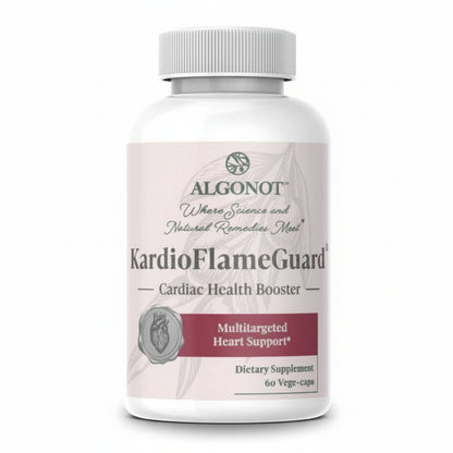 Supplement bottle labeled 'KardioFlameGuard' by Algonot on a white background