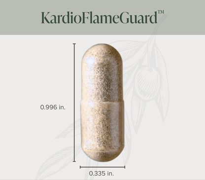 KardioFlameGuard capsule with dimensions and certification logos on a white background