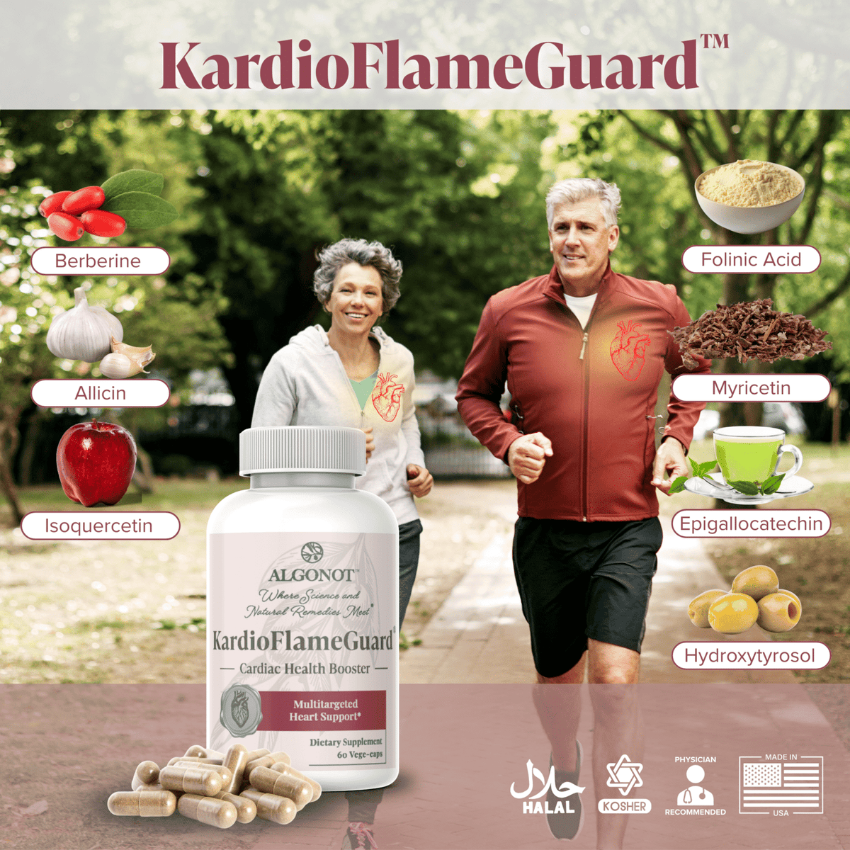 KardioFlameGuard supplement bottle with a man and woman exercising outdoors, surrounded by health benefits.