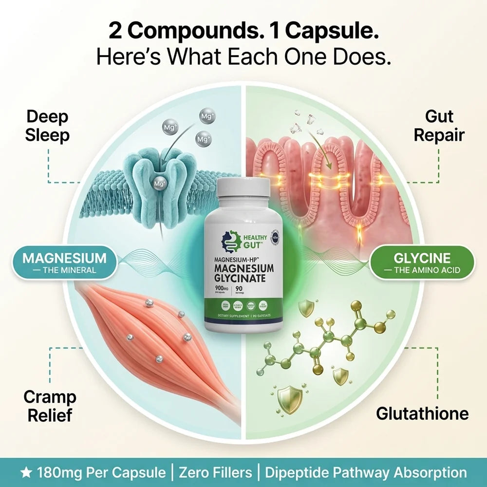Magnesium-HP supplement benefits infographic, featuring Magnesium for Sensitive Guts, muscle relief, sleep improvement, and gut repair.