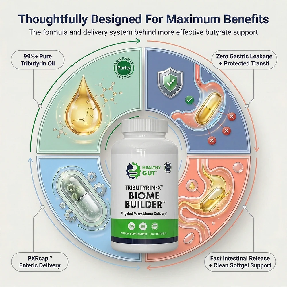 Tributyrin-X - Postbiotic for Digestive Health with delivery system illustration, highlighting maximum effectiveness.