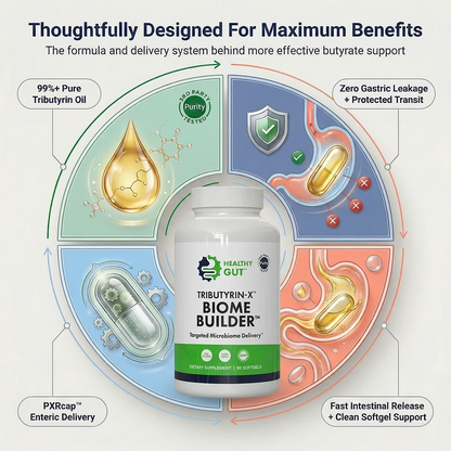 Tributyrin-X - Postbiotic for Digestive Health with delivery system illustration, highlighting maximum effectiveness.
