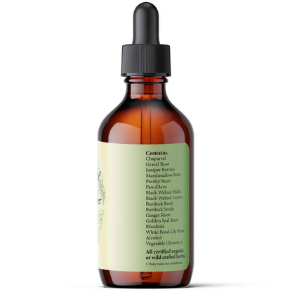 Bottle of herbal tincture with dropper on a white background