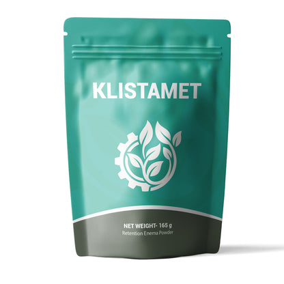 A teal stand-up pouch of Klistamet retention enema powder with a white logo and text, shown on a clean white background.
