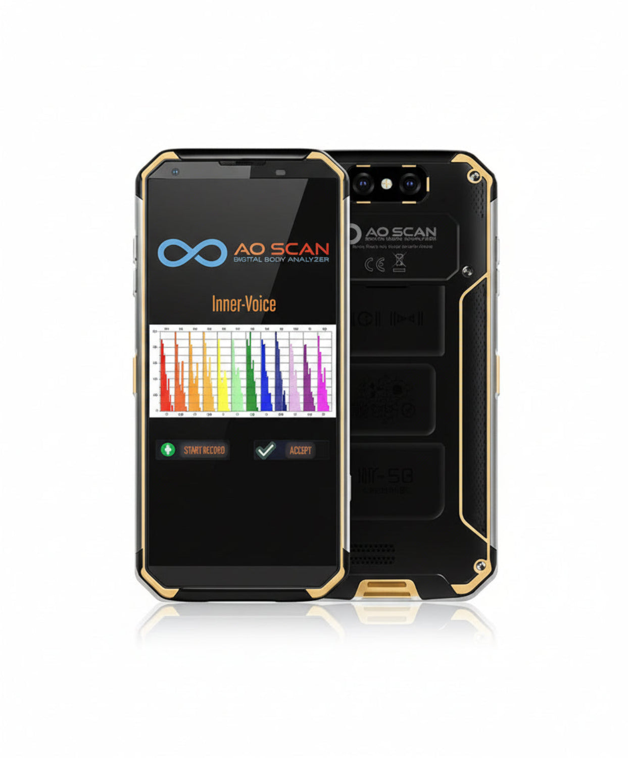black cell phone displaying blue infinity symbol and text saying AO SCAN Digital Body Analyzer, Inner-Voice with bright colorful graph, plus sign button to start record, check mark to accept