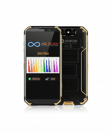 black cell phone displaying blue infinity symbol and text saying AO SCAN Digital Body Analyzer, Inner-Voice with bright colorful graph, plus sign button to start record, check mark to accept