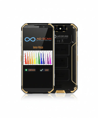 black cell phone displaying blue infinity symbol and text saying AO SCAN Digital Body Analyzer, Inner-Voice with bright colorful graph, plus sign button to start record, check mark to accept