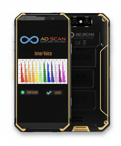 black cell phone displaying blue infinity symbol and text saying AO SCAN Digital Body Analyzer, Inner-Voice with bright colorful graph, plus sign button to start record, check mark to accept