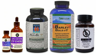 five products, GT Life Crystal Activator, GT Life Crystal ATP Energy, Exsula AuralSil, GaiaThera Barley Gold #1, Quicksilver Scientific H2 Elite