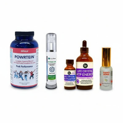 five products, Exsula Powrtein, GaiaThera Intense C60, GT Life Crystal Activator, GT Life Crystal ATP Energy, Nano Soma