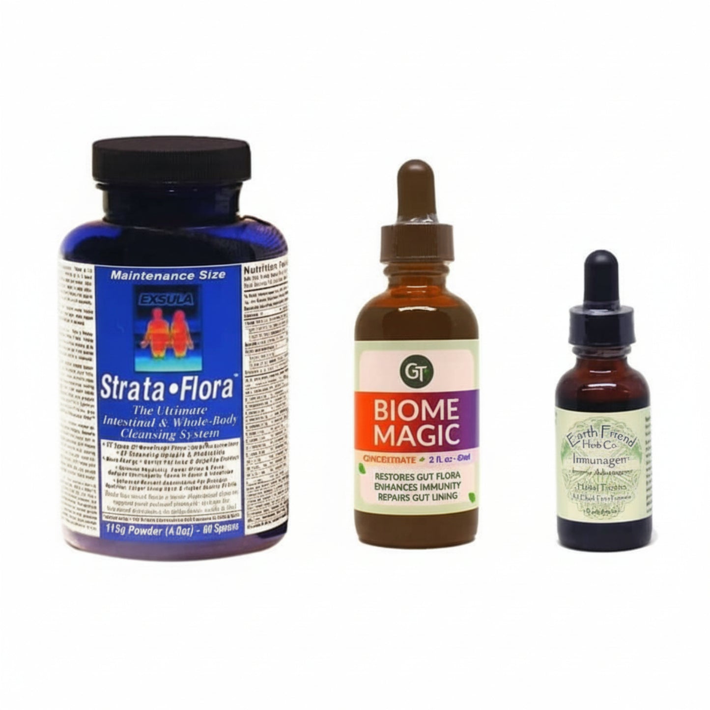 Three products on white background 1. Exsula Superfoods Strata-Flora the ultimate intestinal and whole body cleansing system 2. GT Biome Magic restores gut flora, enhances immunity, repairs gut lining 3. Earth Friend Herb Co Immunagen