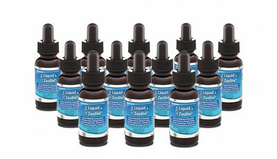 twelve dropper bottles of Ultra Lliquid Zeolite, dark brown bottles with black top and blue/silver label