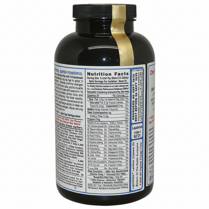 Black supplement bottle with a detailed label on a white background