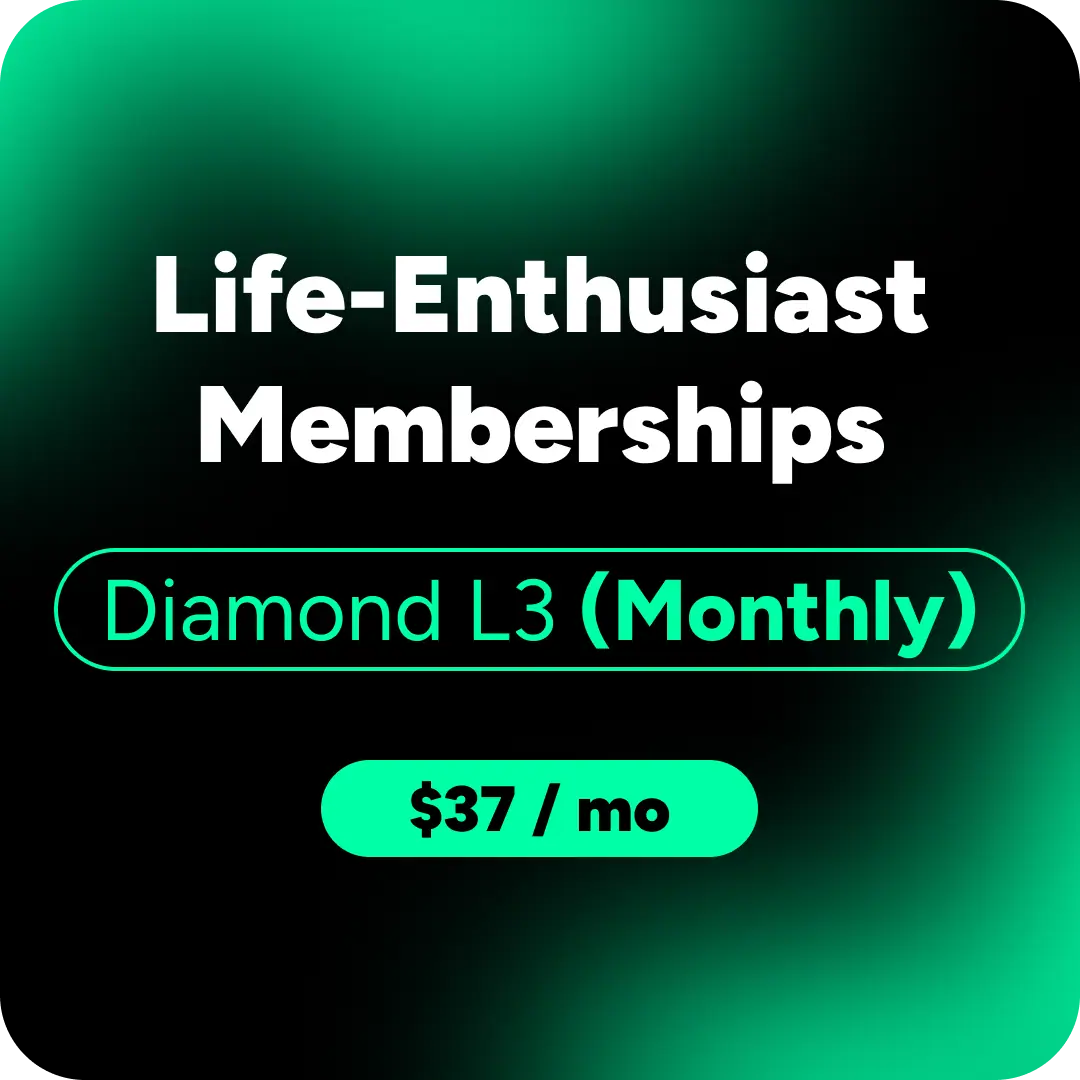 Life-Enthusiast Memberships featuring a Diamond L3 (Monthly) subscription at $37 / mo, with white and glowing green text on a dark gradient background.