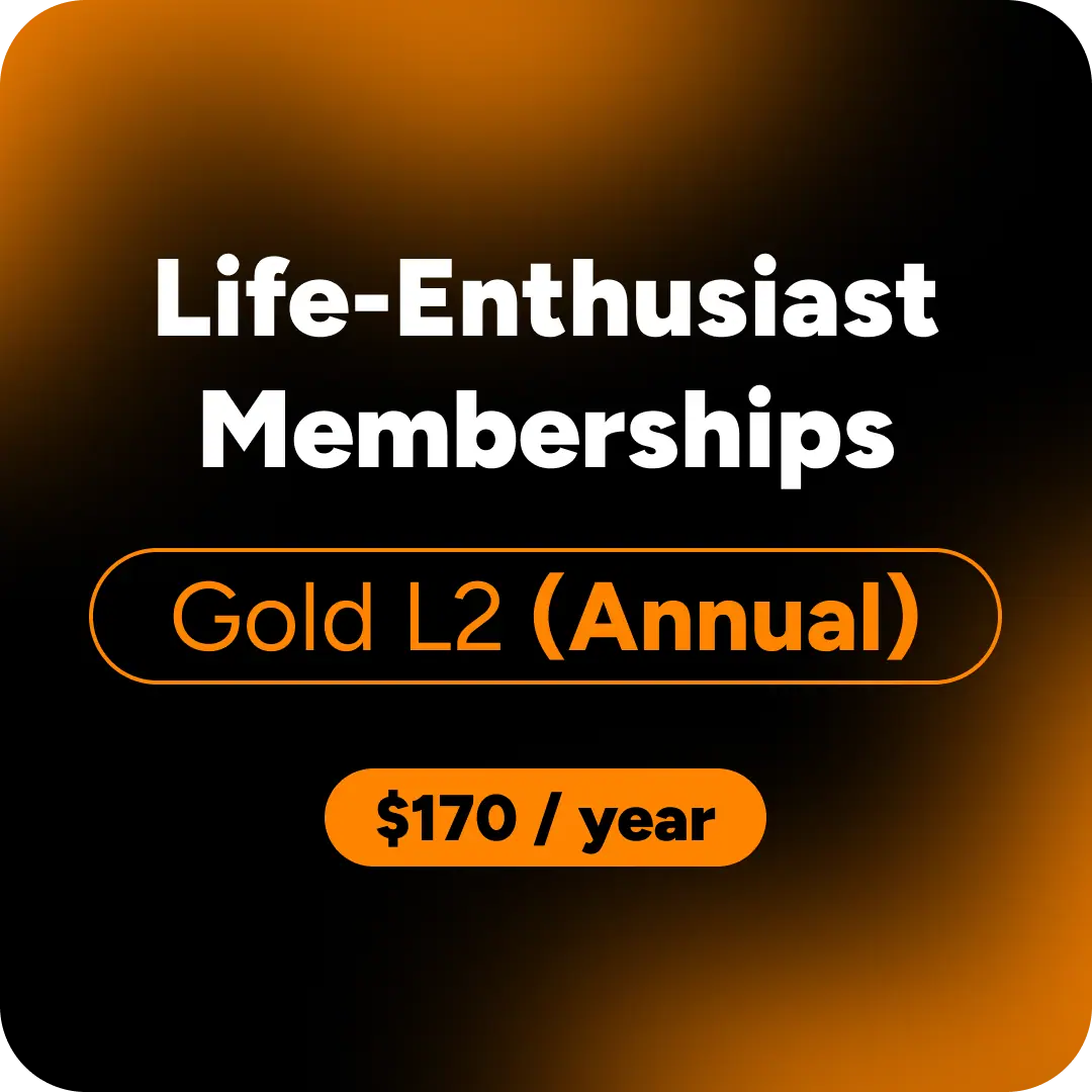 Life-Enthusiast Memberships, featuring the text 'Gold L2 (Annual)' and '$170 / year' on a black background with orange glow and rounded corners.