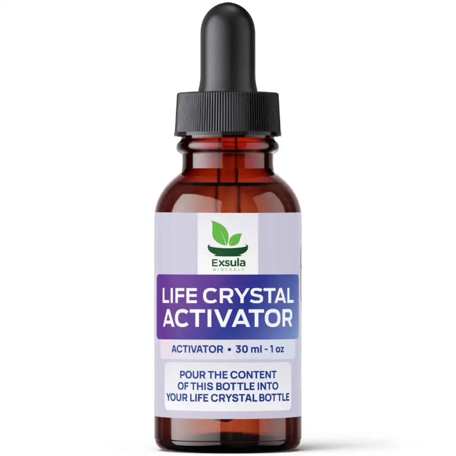 Bottle of Exsula Life Crystal Activator with dropper on a white background