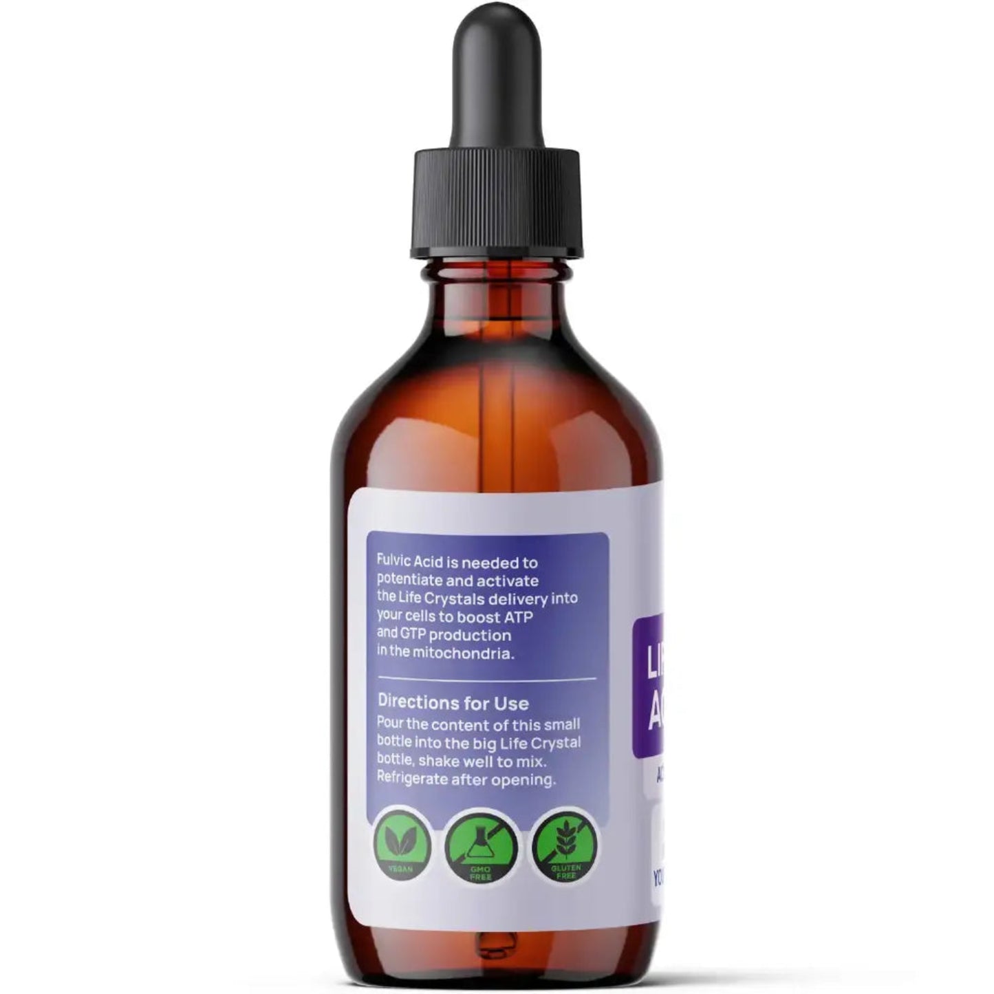 Brown glass bottle with dropper and purple label on a white background