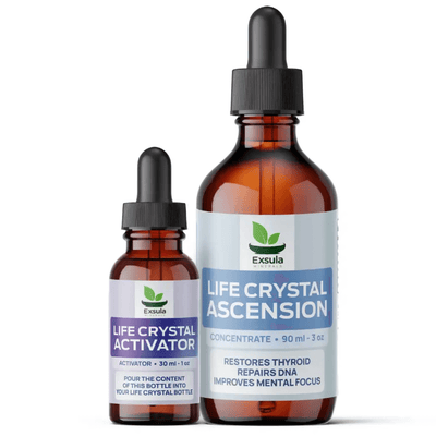 Exsula Superfoods Life Crystal Ascension and Activator bottles support Pineal and Pituitary Glands health.